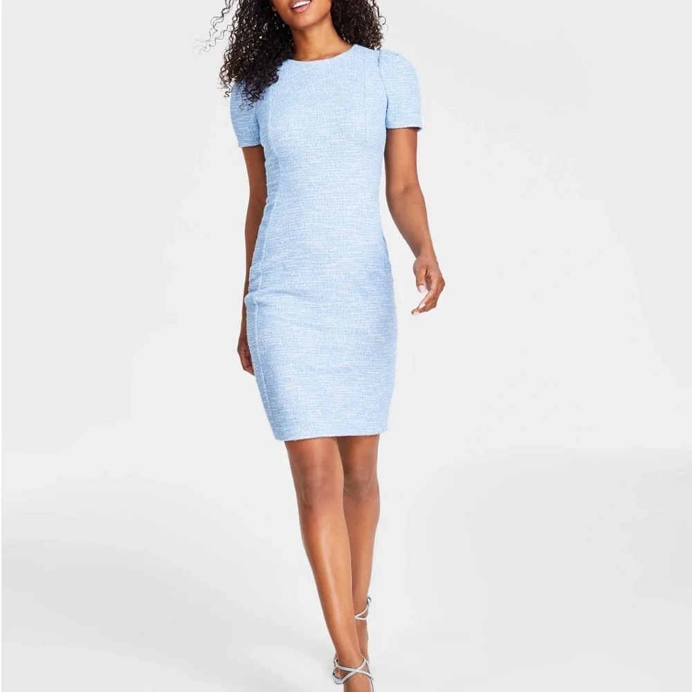 Calvin Klein Size 12 Cap Sleeve Tweed Sheath Dress Serene Blue Womens EUC Zip - Picture 2 of 10